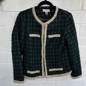 Aris A Tweed Green with Cream Breaded Detail Blazer Jacket sz S